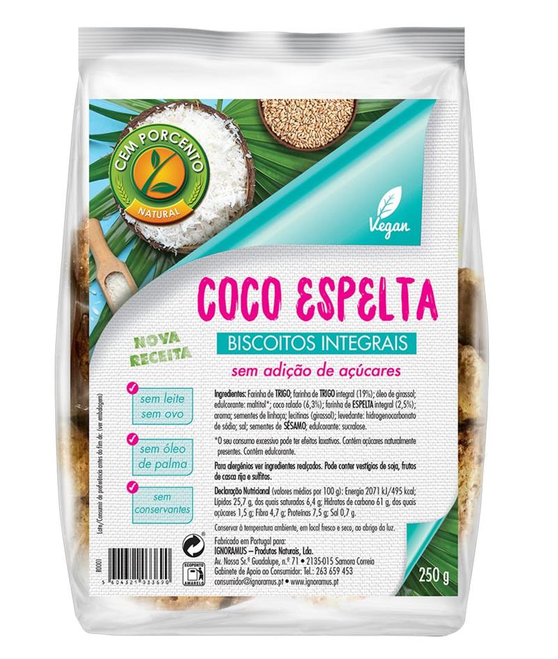 biscoitos integrais de coco e espelta sem açúcar 250g